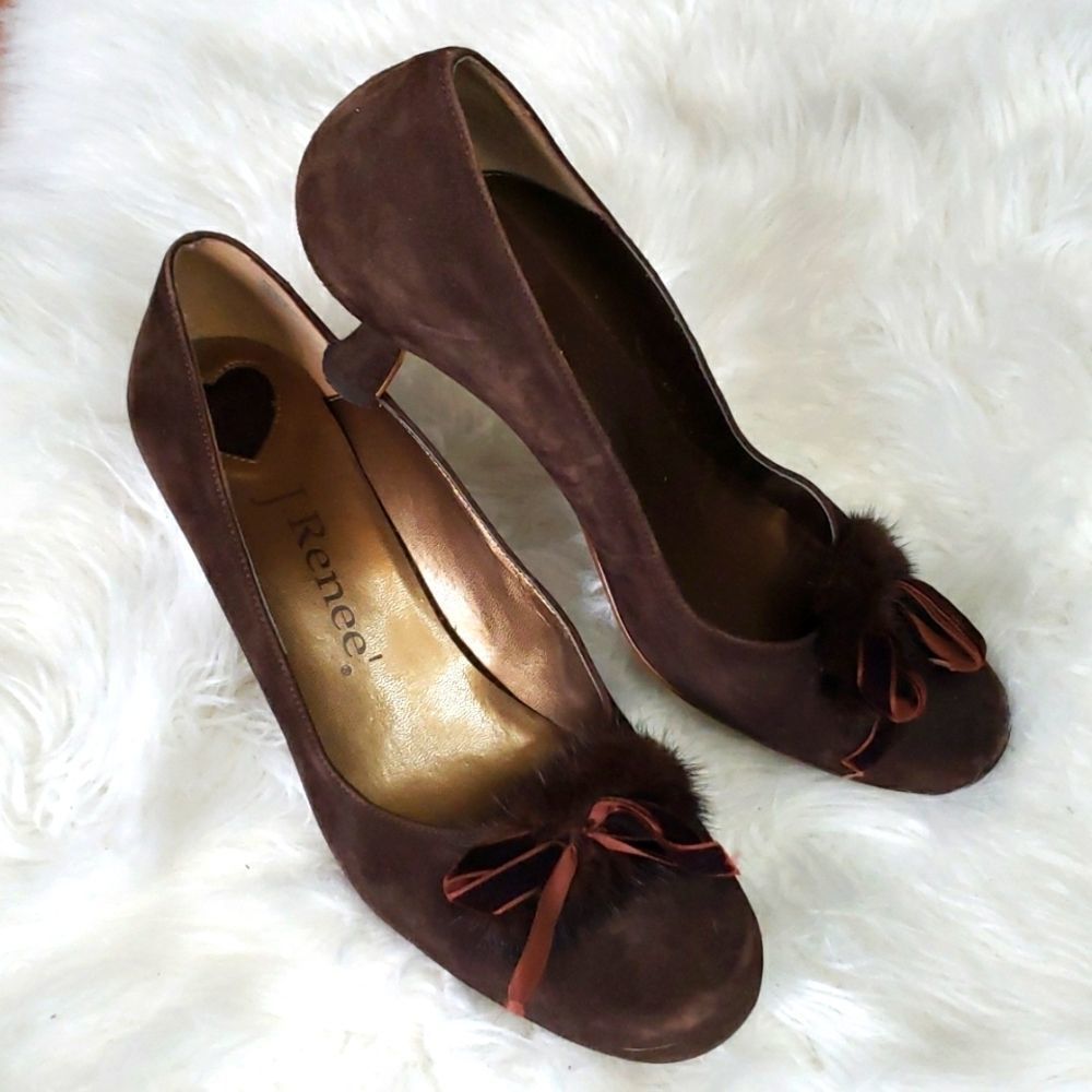 J. Renee Matty Brown Suede Leather Kitten Heels 9.5 Feather Top Ornate Chic 😺